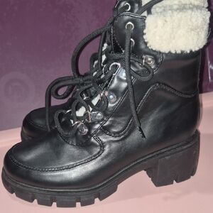 a.n.a Black Lace-Up Platform Ankle Boots with Shearling Trim